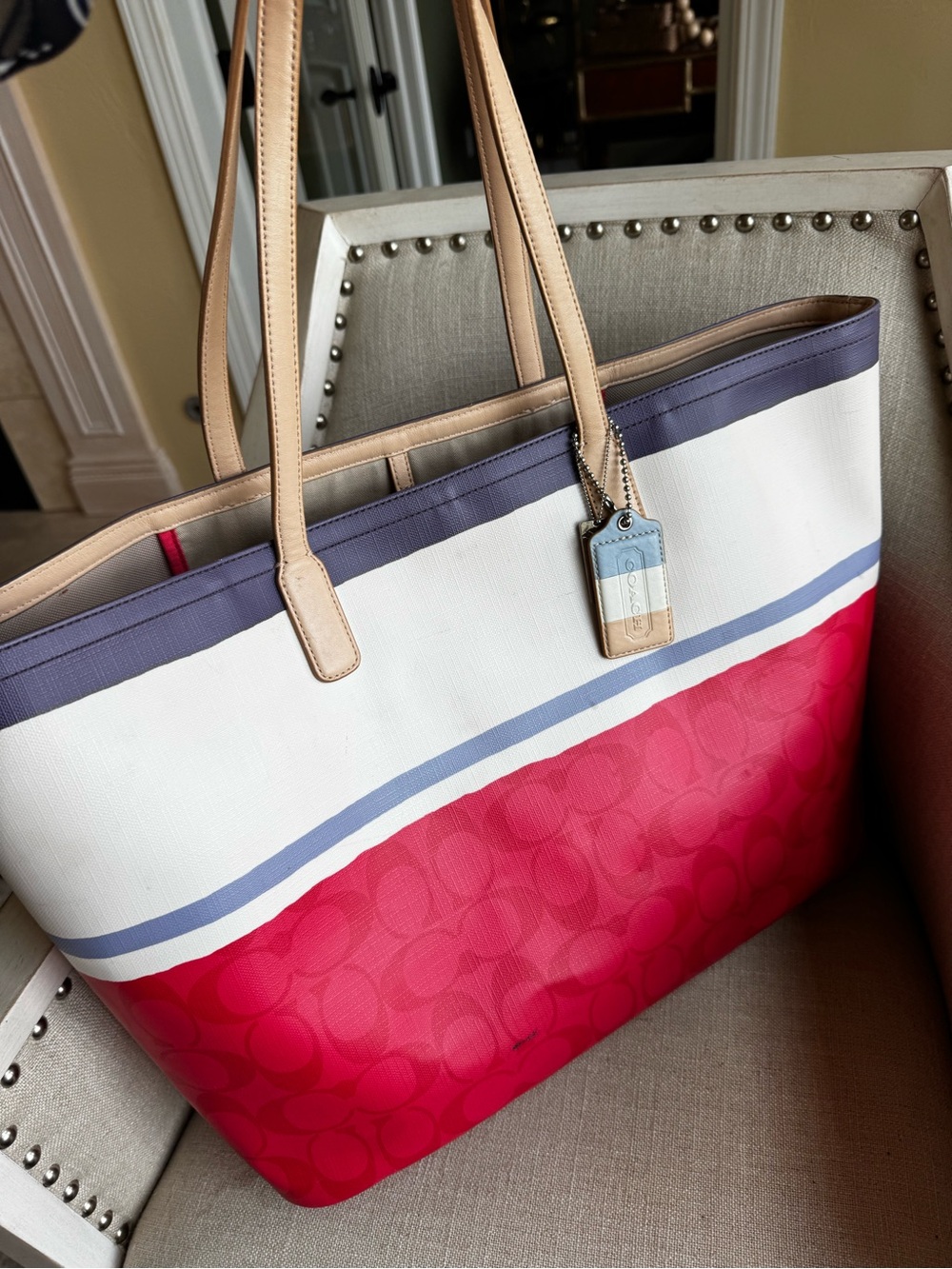 Coach Red, White & Navy Signature Stripe Tote with Tan Handles